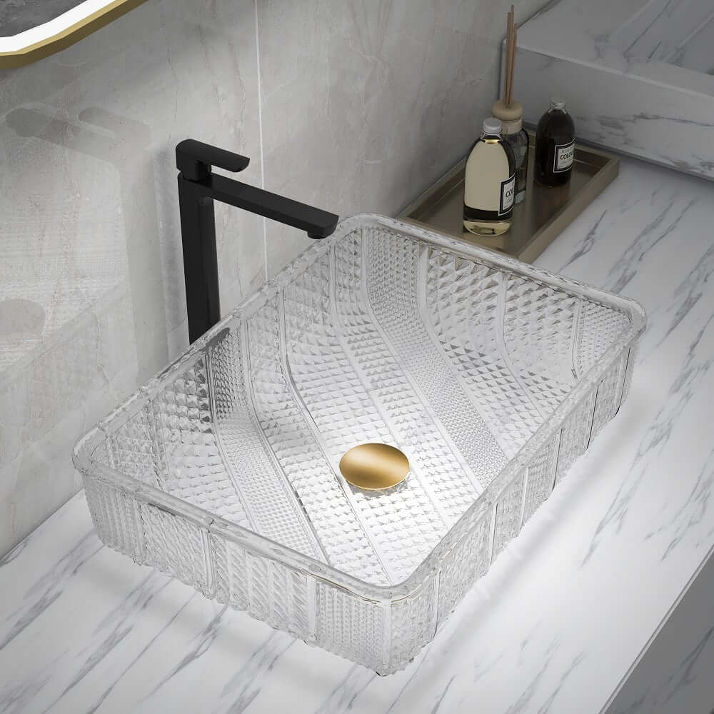 Modern Rectangular Glass Vessel Sink for Bathroom