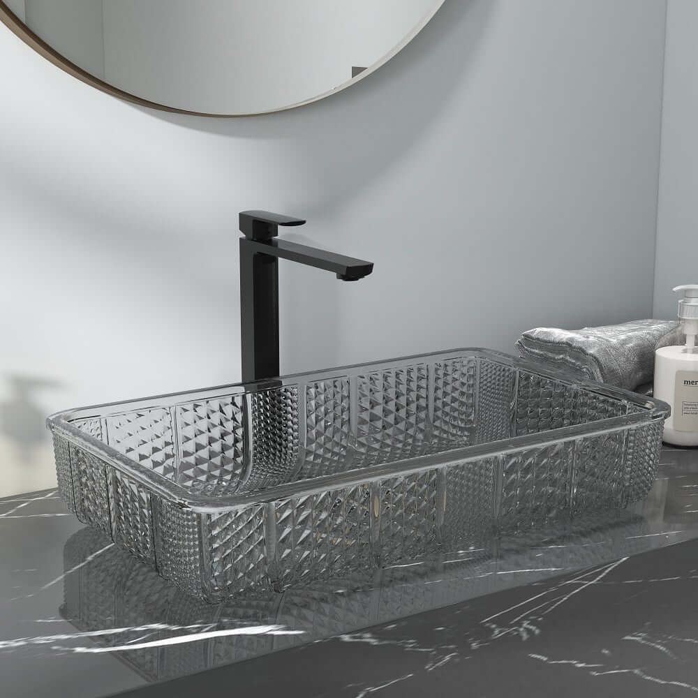 Modern Rectangular Glass Vessel Sink for Bathroom