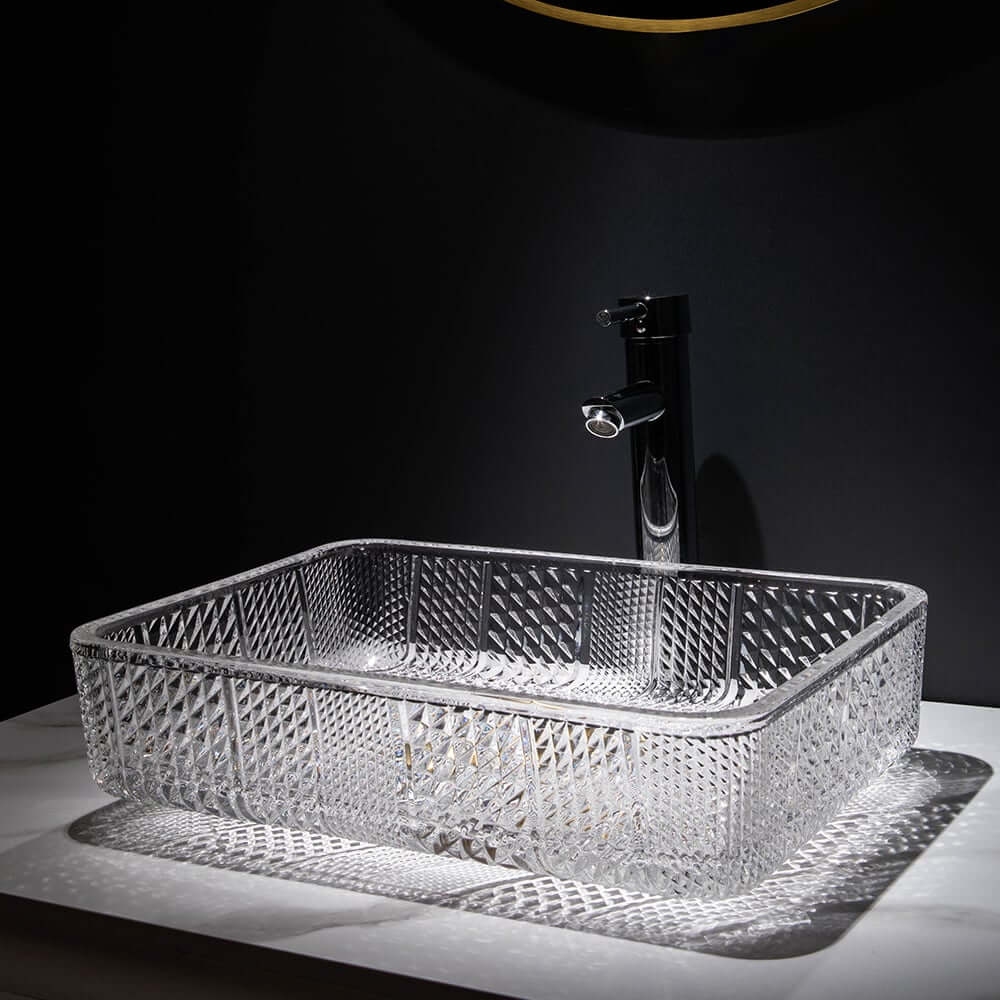 Modern Rectangular Glass Vessel Sink for Bathroom