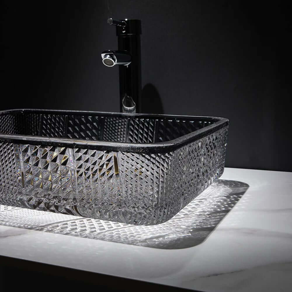 Modern Rectangular Glass Vessel Sink for Bathroom
