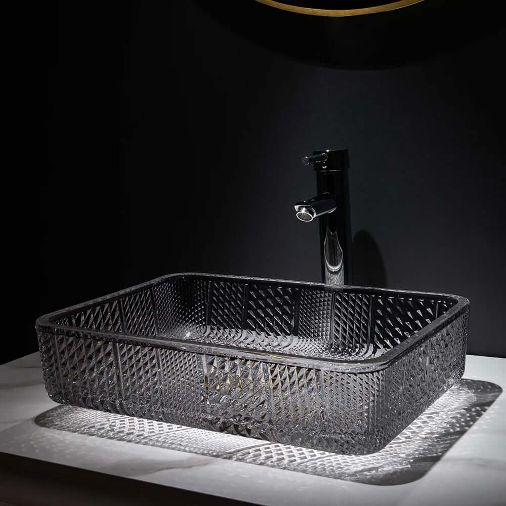 Modern Rectangular Glass Vessel Sink for Bathroom