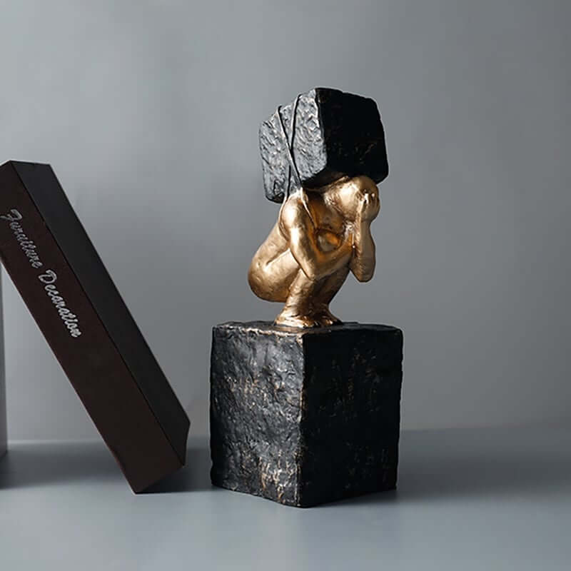 Modern Resin Abstract Sculpture - Black & Gold Figure Art
