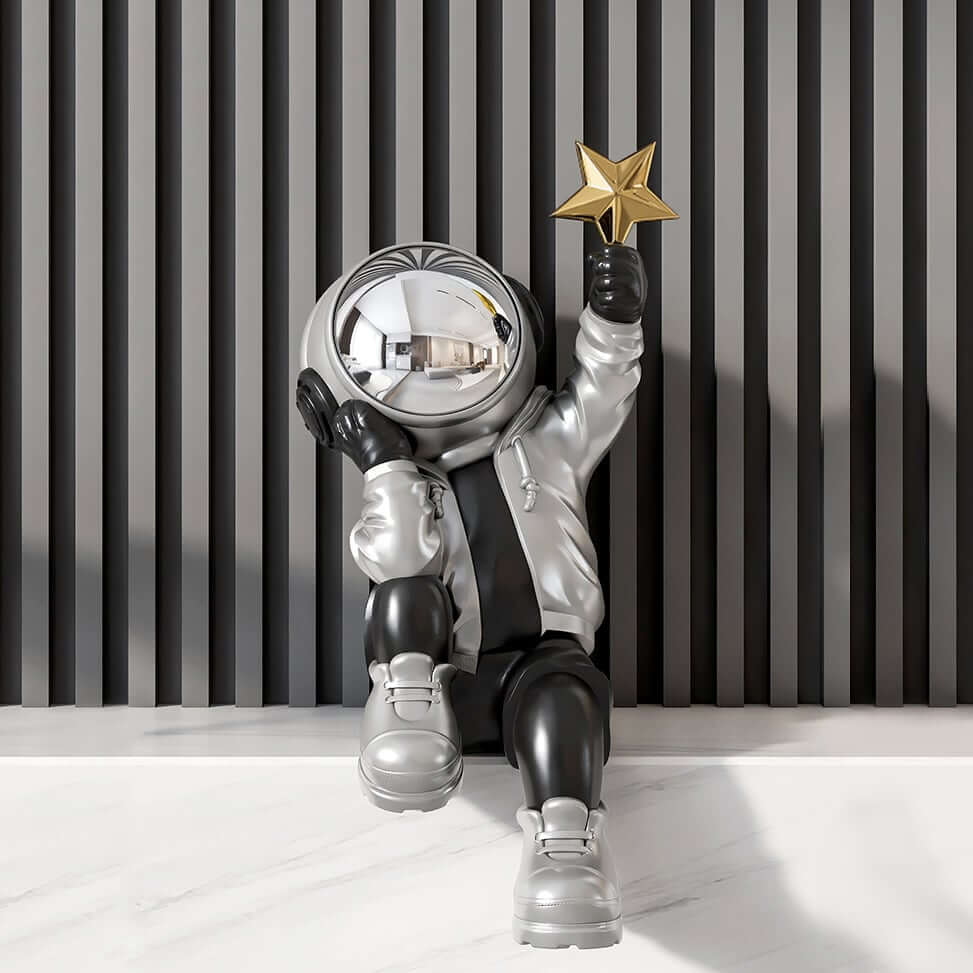 Modern Resin Astronaut Sculpture with Gold Star - Black & Silver Finish