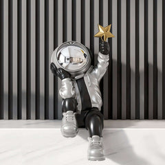 Modern Resin Astronaut Sculpture with Gold Star - Black & Silver Finish