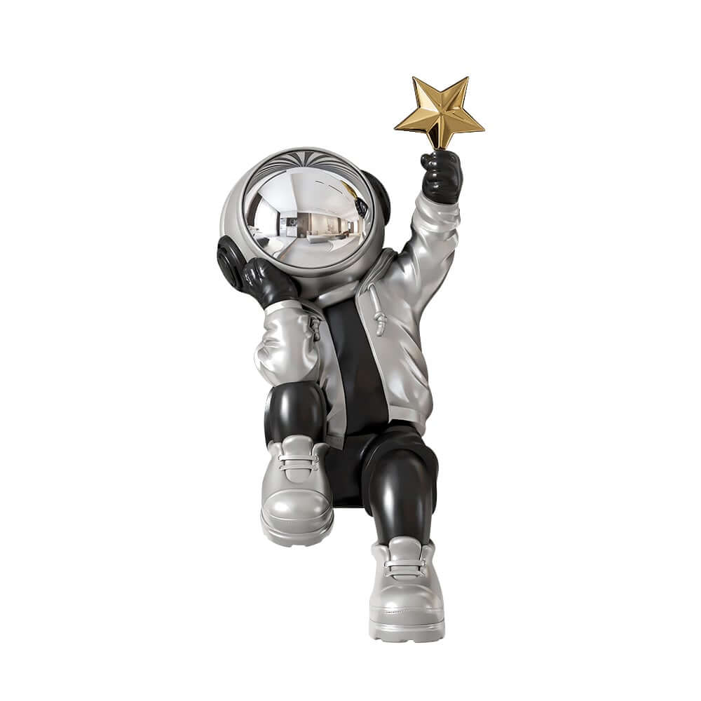 Modern Resin Astronaut Sculpture with Gold Star - Black & Silver Finish