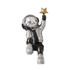 Modern Resin Astronaut Sculpture with Gold Star - Black & Silver Finish