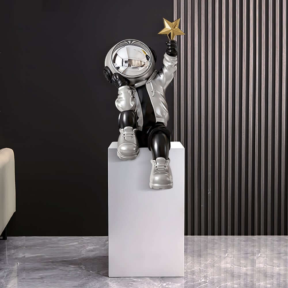 Modern Resin Astronaut Sculpture with Gold Star - Black & Silver Finish