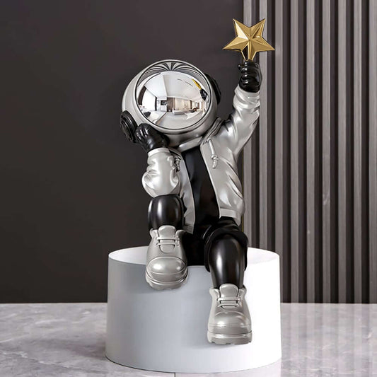 Modern Resin Astronaut Sculpture with Gold Star - Black & Silver Finish