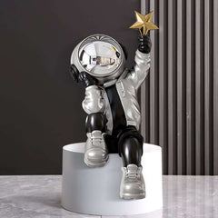 Modern Resin Astronaut Sculpture with Gold Star - Black & Silver Finish