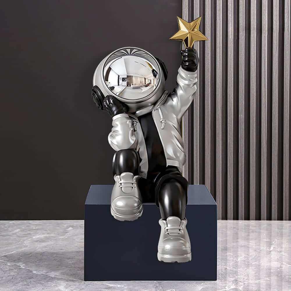 Modern Resin Astronaut Sculpture with Gold Star - Black & Silver Finish Main Product Image