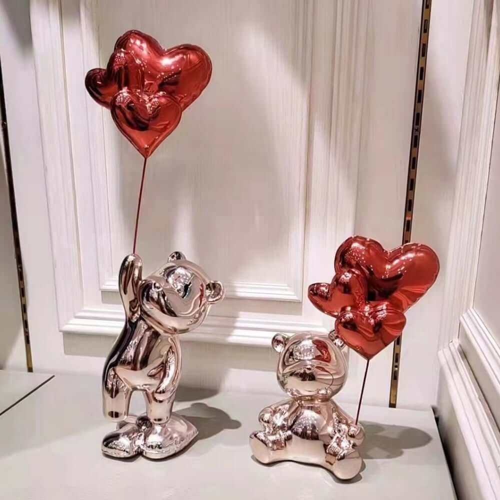 Modern Resin Bear Sculpture with Heart Balloons Home Decor