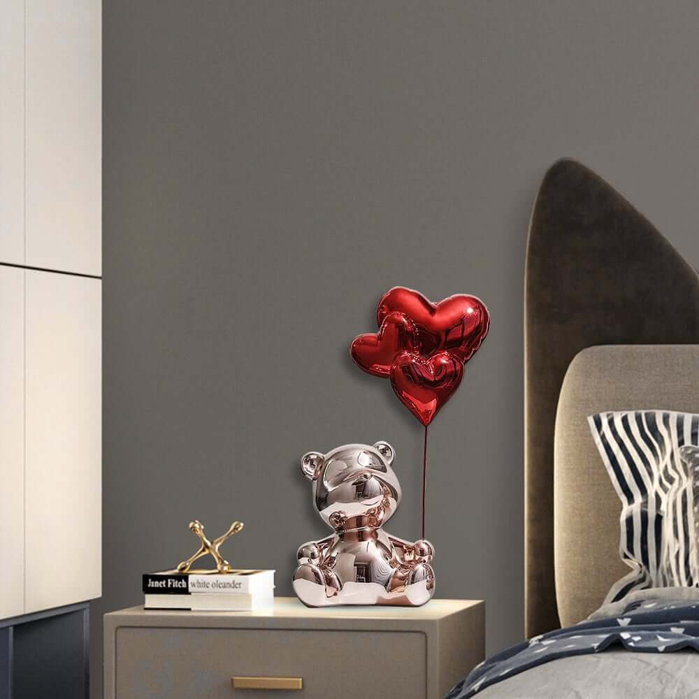 Modern Resin Bear Sculpture with Heart Balloons Home Decor