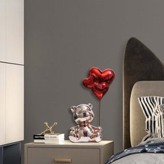 Modern Resin Bear Sculpture with Heart Balloons Home Decor
