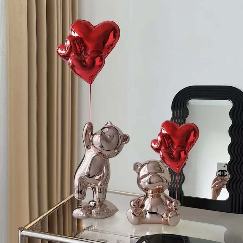 Modern Resin Bear Sculpture with Heart Balloons Home Decor