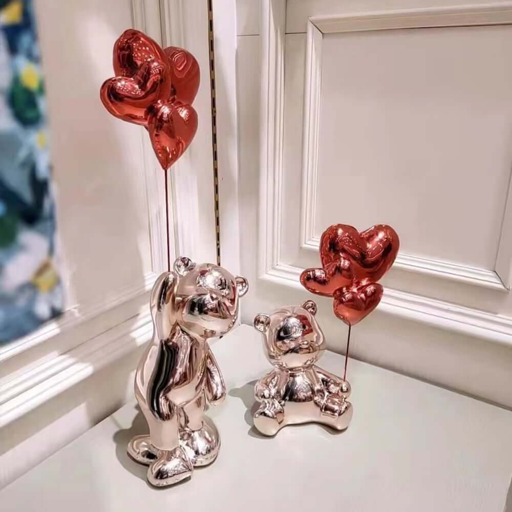 Modern Resin Bear Sculpture with Heart Balloons Home Decor