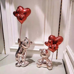 Modern Resin Bear Sculpture with Heart Balloons Home Decor