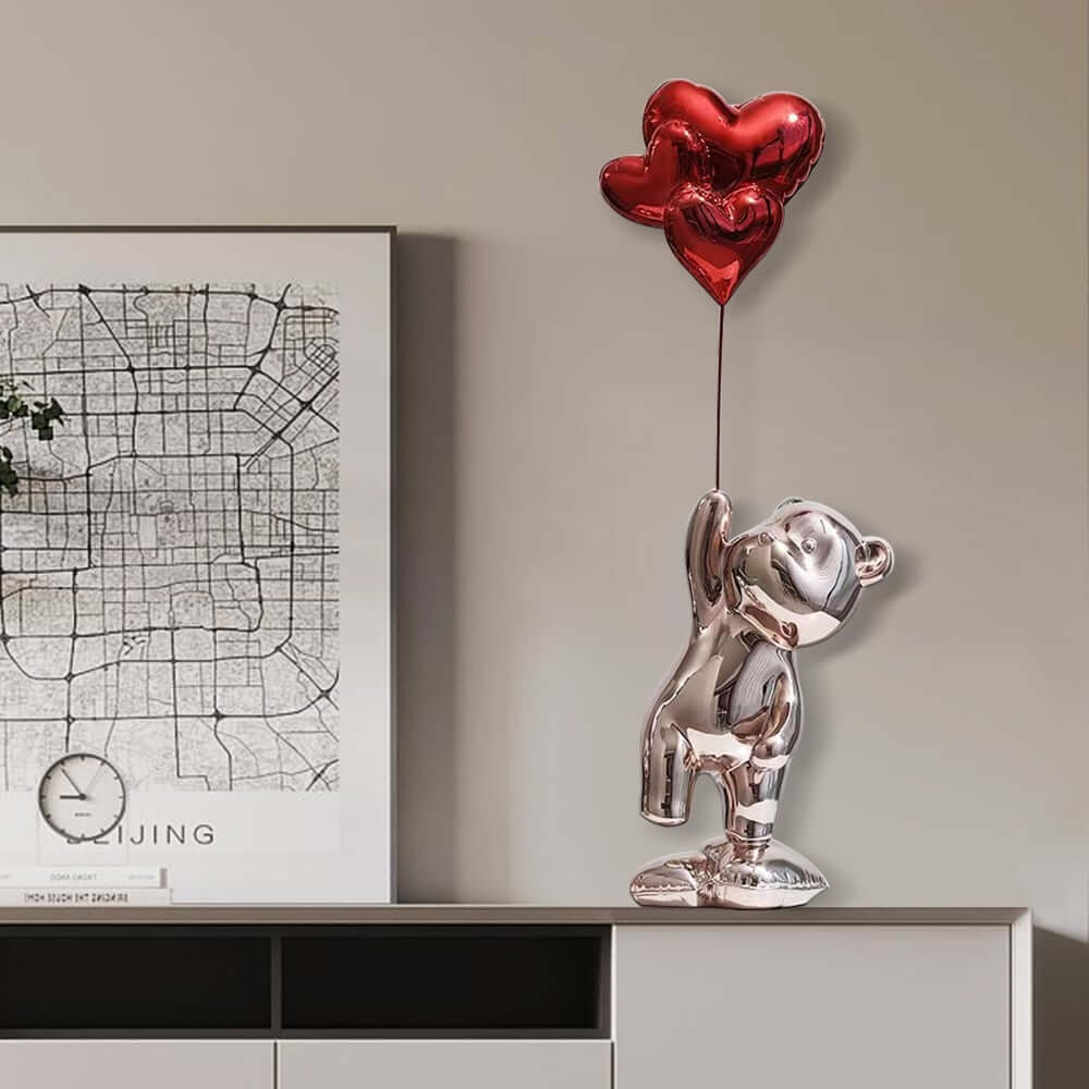Modern Resin Bear Sculpture with Heart Balloons Home Decor