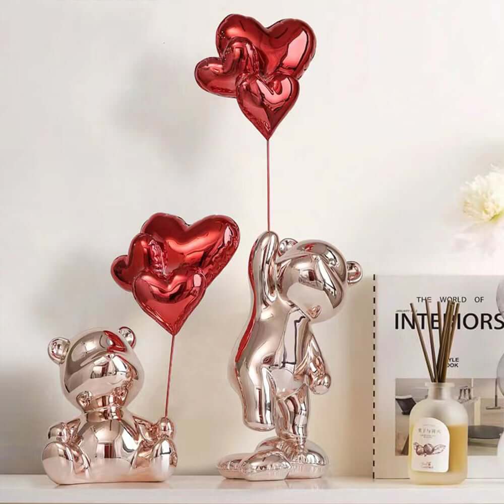 Modern Resin Bear Sculpture with Heart Balloons Home Decor