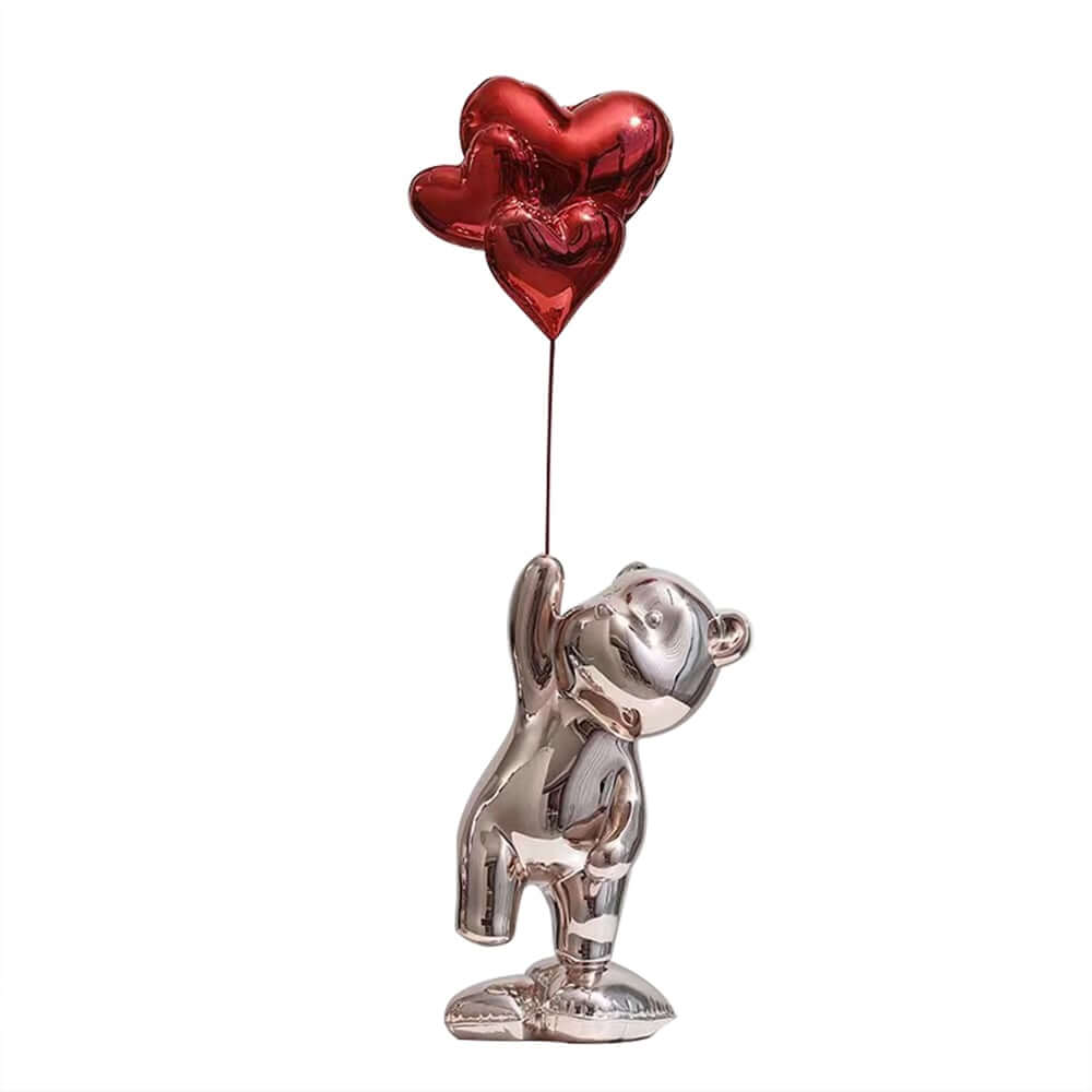 Modern Resin Bear Sculpture with Heart Balloons Home Decor