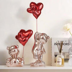 Modern Resin Bear Sculpture with Heart Balloons Home Decor