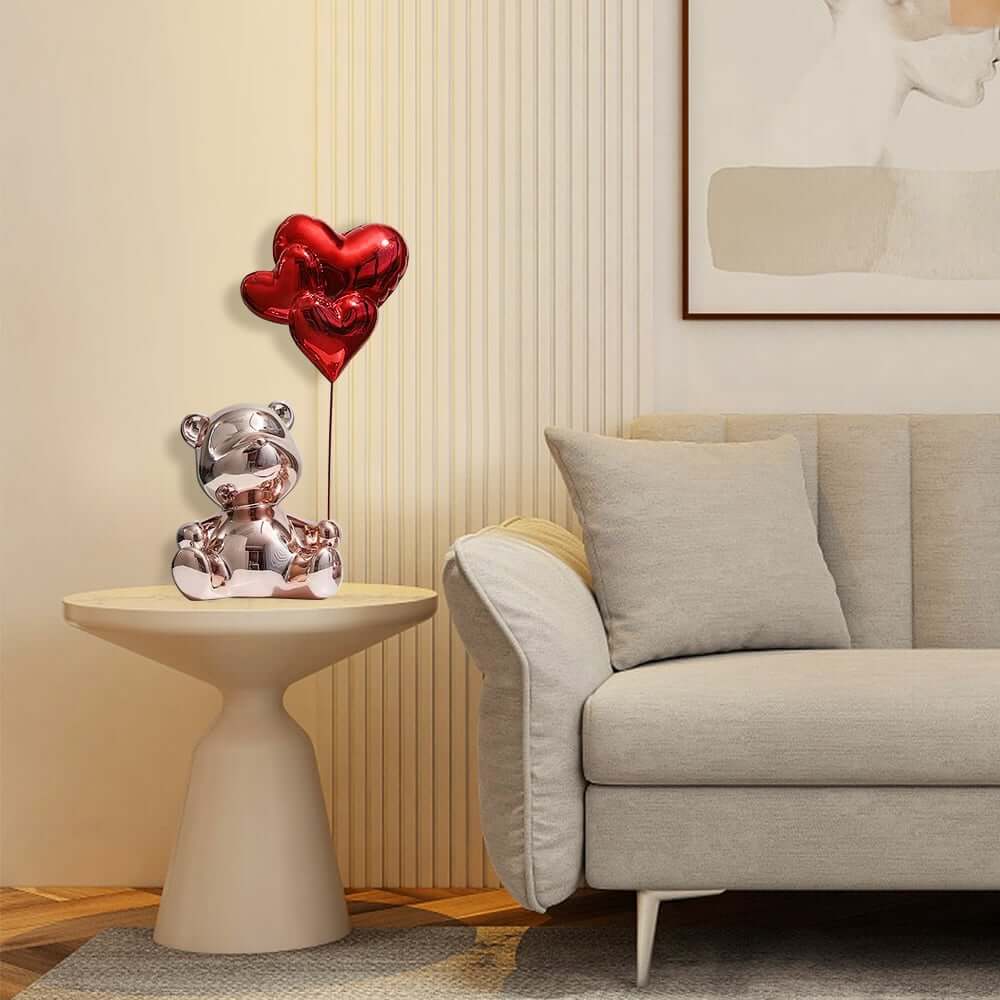 Modern Resin Bear Sculpture with Heart Balloons Home Decor
