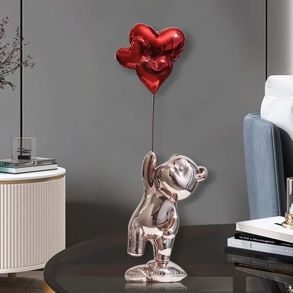 Modern Resin Bear Sculpture with Heart Balloons Home Decor