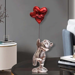 Modern Resin Bear Sculpture with Heart Balloons Home Decor