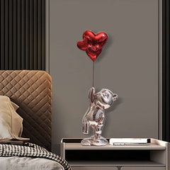 Modern Resin Bear Sculpture with Heart Balloons Home Decor