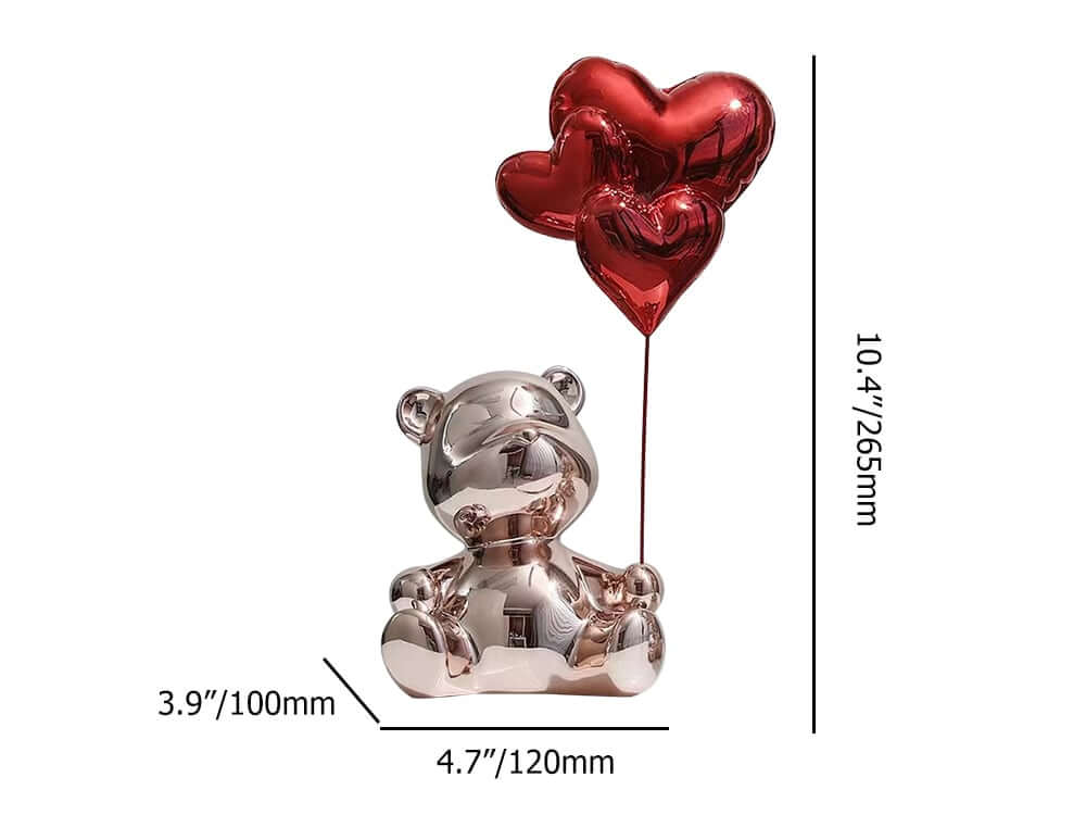 Modern Resin Bear Sculpture with Heart Balloons Home Decor Dimensions