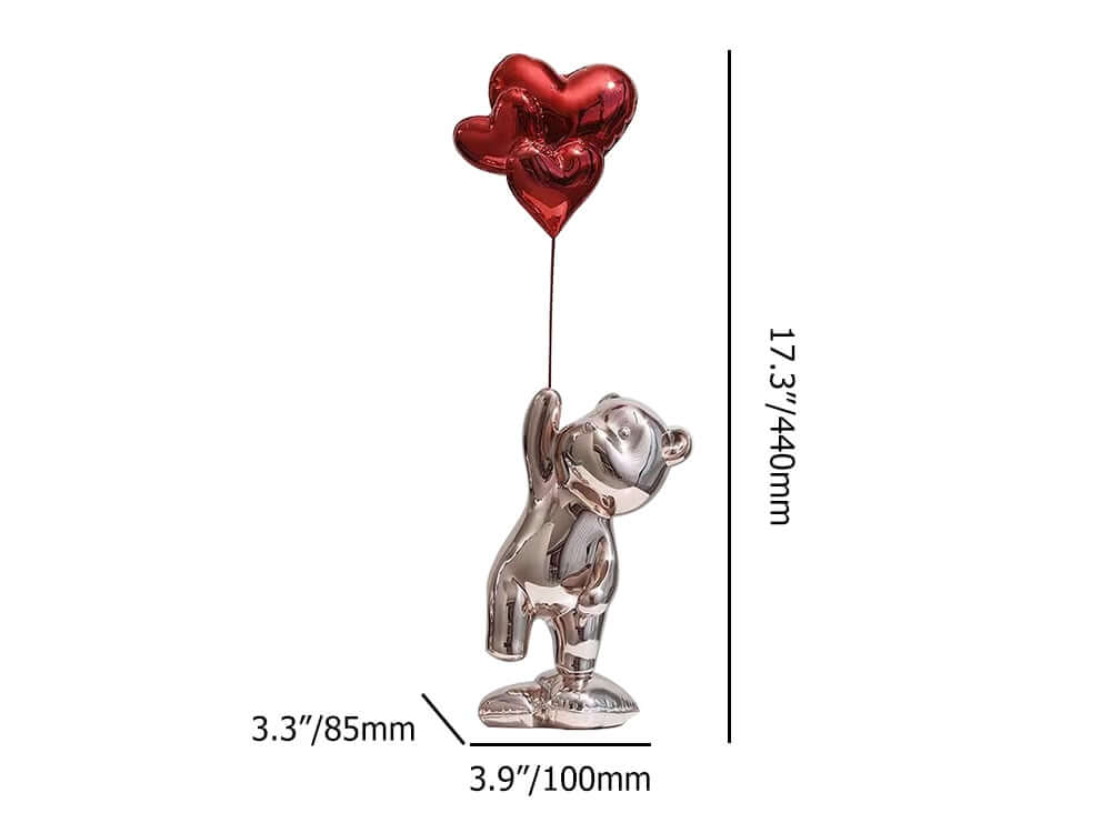Modern Resin Bear Sculpture with Heart Balloons Home Decor Dimensions