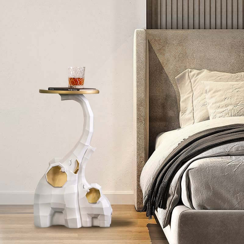 Modern Resin Elephant Side Table - White and Gold Finish