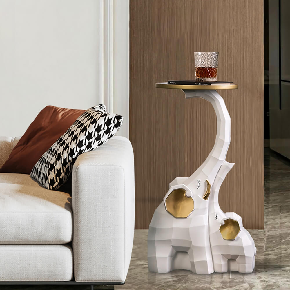 Modern Resin Elephant Side Table - White and Gold Finish