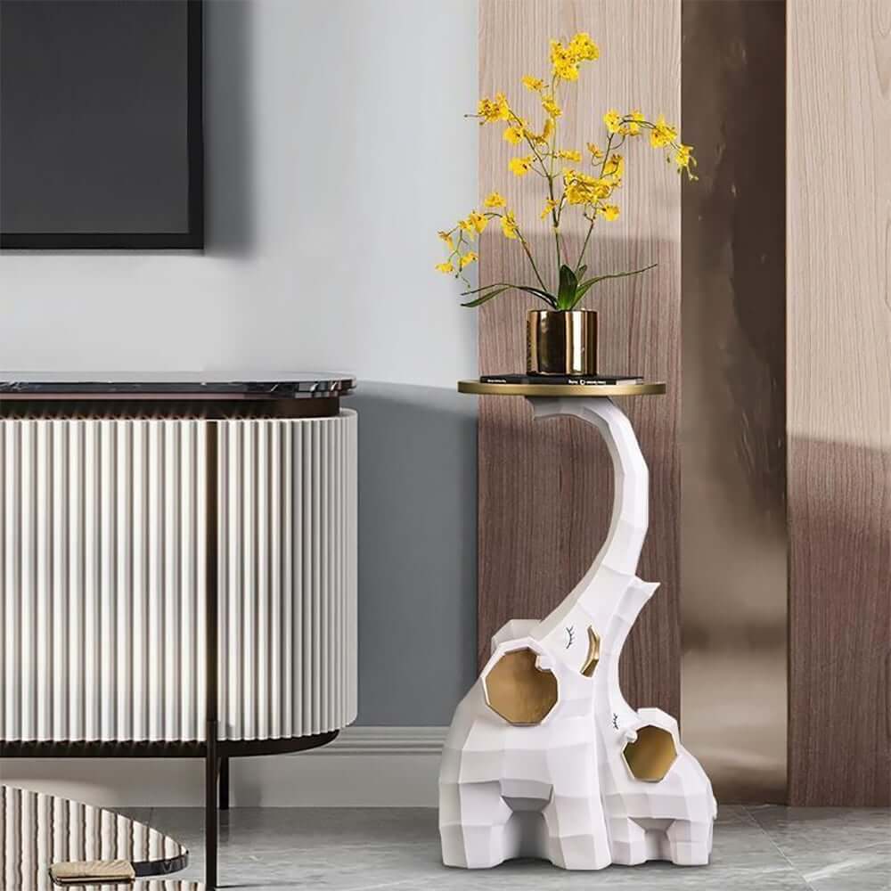Modern Resin Elephant Side Table - White and Gold Finish