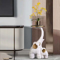 Modern Resin Elephant Side Table - White and Gold Finish