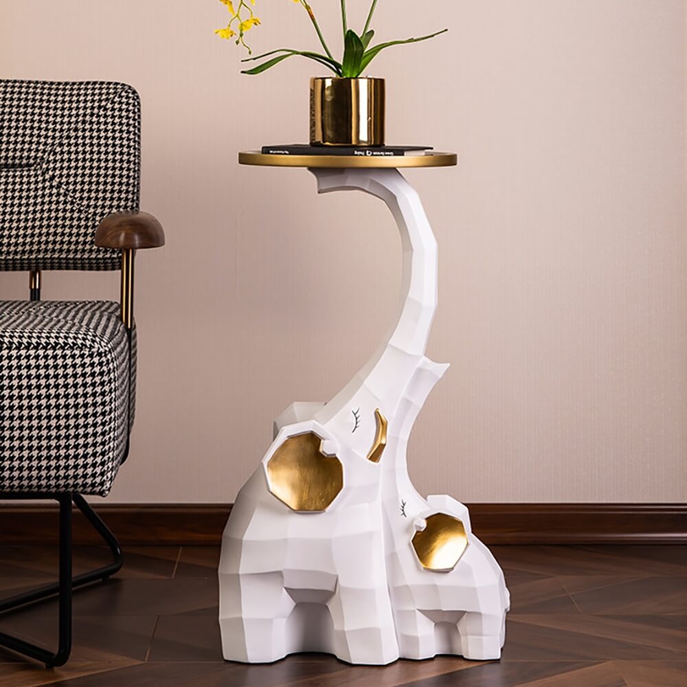 Modern Resin Elephant Side Table - White and Gold Finish Main Product Image