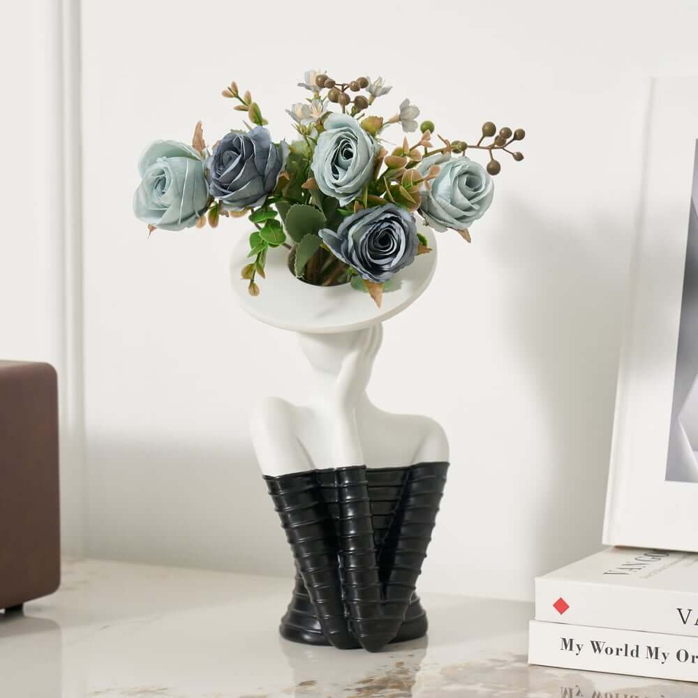 Modern Resin Floral Arrangement with Artificial Roses and Sculptural Vase