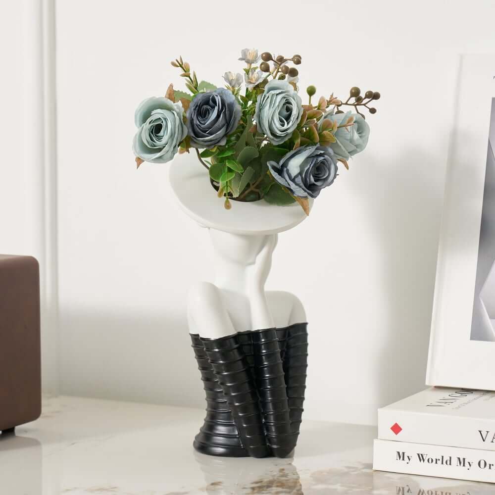 Modern Resin Floral Arrangement with Artificial Roses and Sculptural Vase