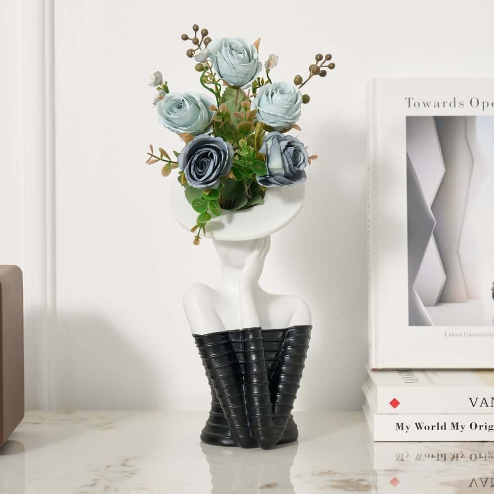 Modern Resin Floral Arrangement with Artificial Roses and Sculptural Vase