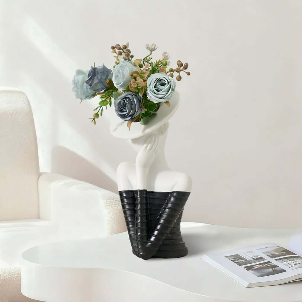 Modern Resin Floral Arrangement with Artificial Roses and Sculptural Vase