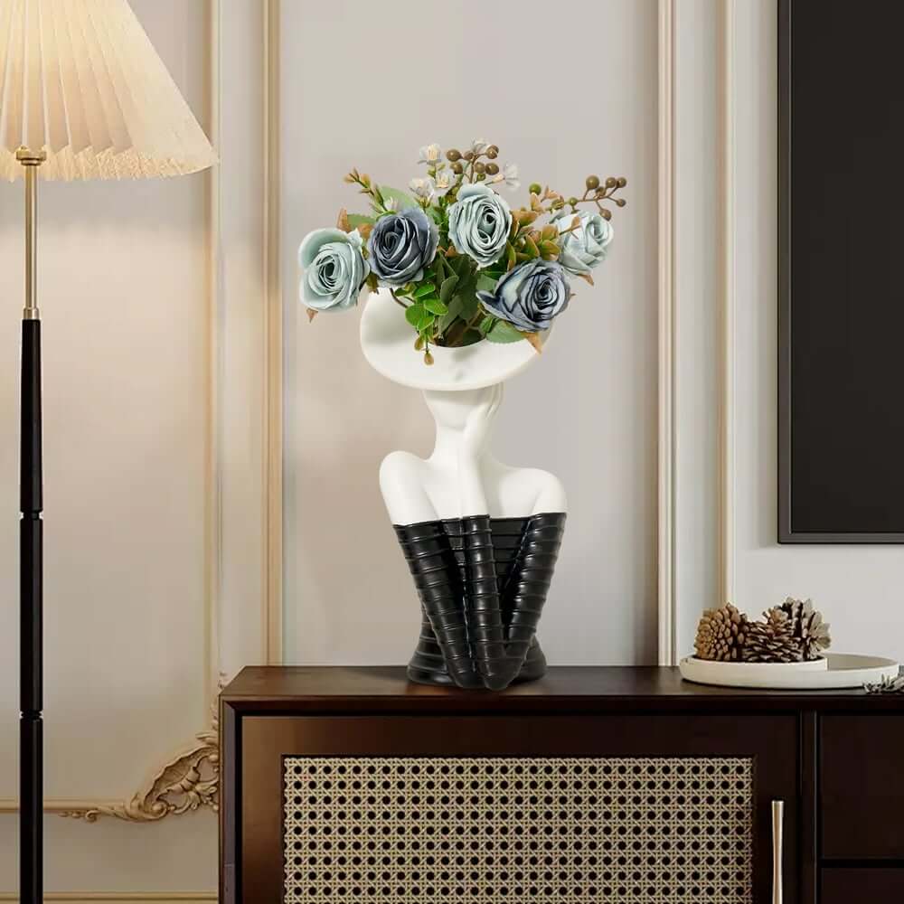 Modern Resin Floral Arrangement with Artificial Roses and Sculptural Vase