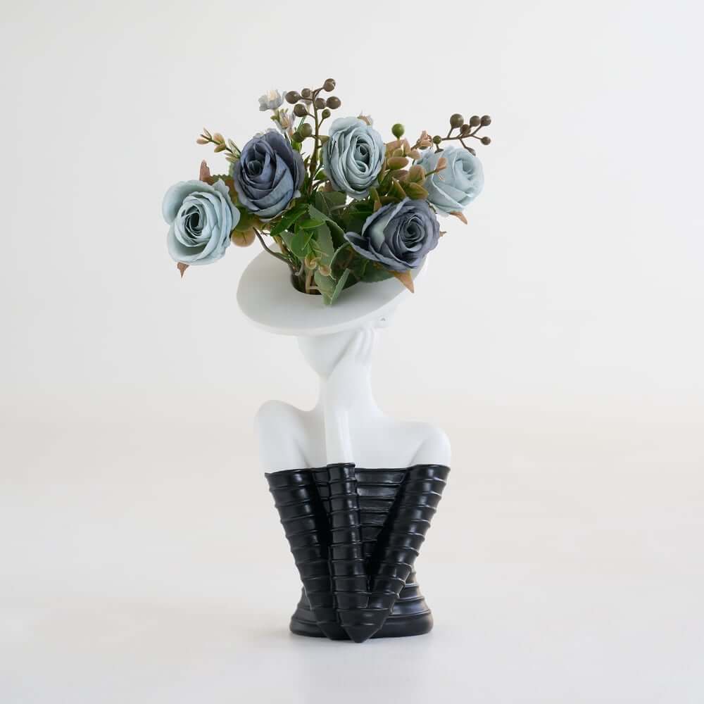 Modern Resin Floral Arrangement with Artificial Roses and Sculptural Vase