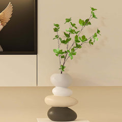Modern Resin Stacked Stone Vase with Artificial Greenery