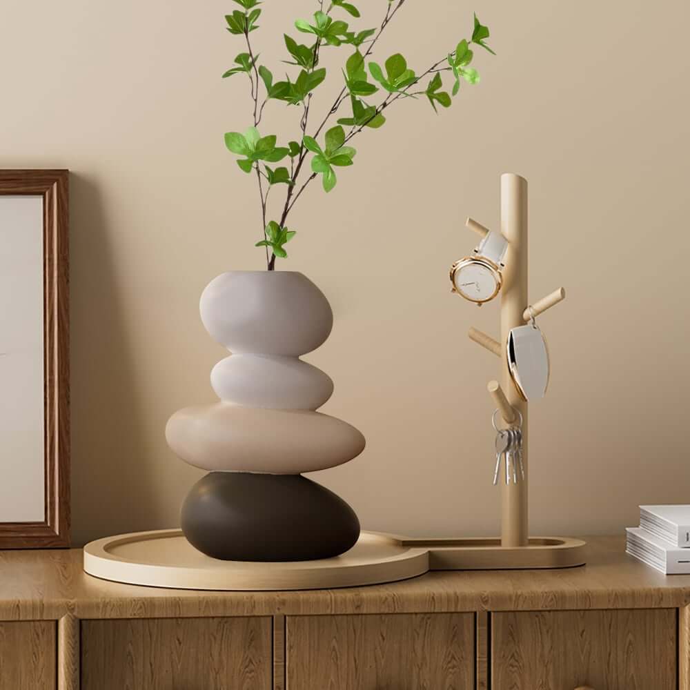 Modern Resin Stacked Stone Vase with Artificial Greenery