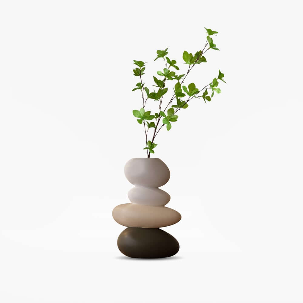 Modern Resin Stacked Stone Vase with Artificial Greenery