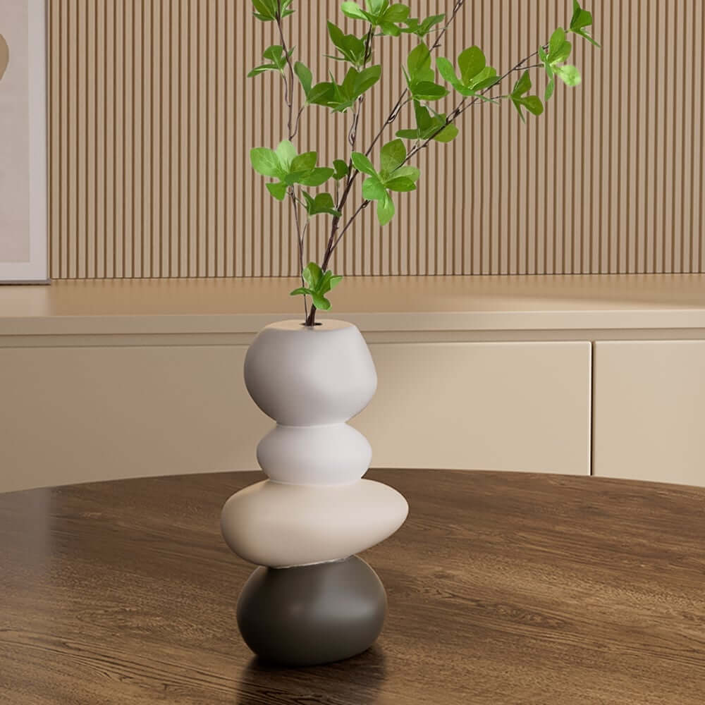 Modern Resin Stacked Stone Vase with Artificial Greenery