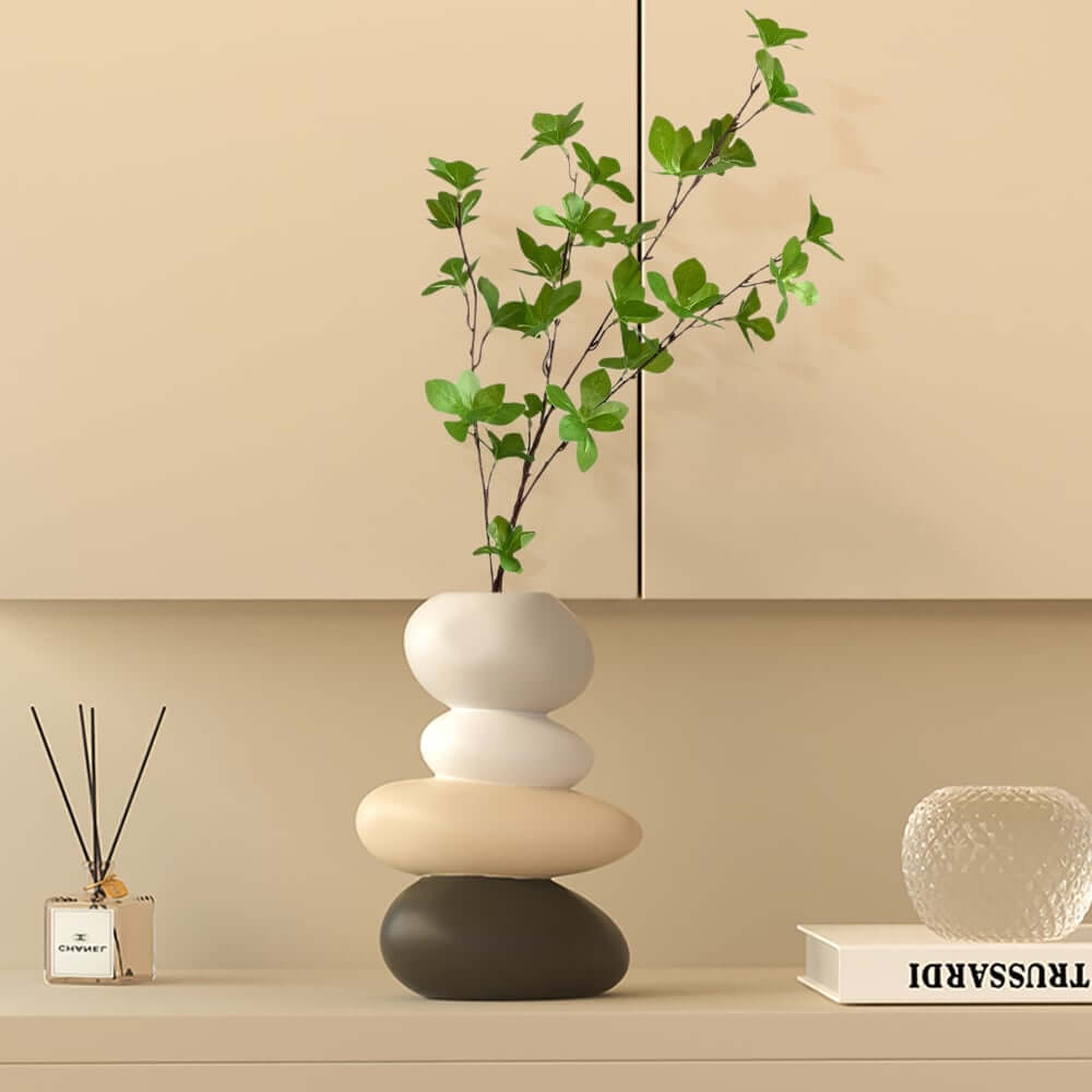 Modern Resin Stacked Stone Vase with Artificial Greenery
