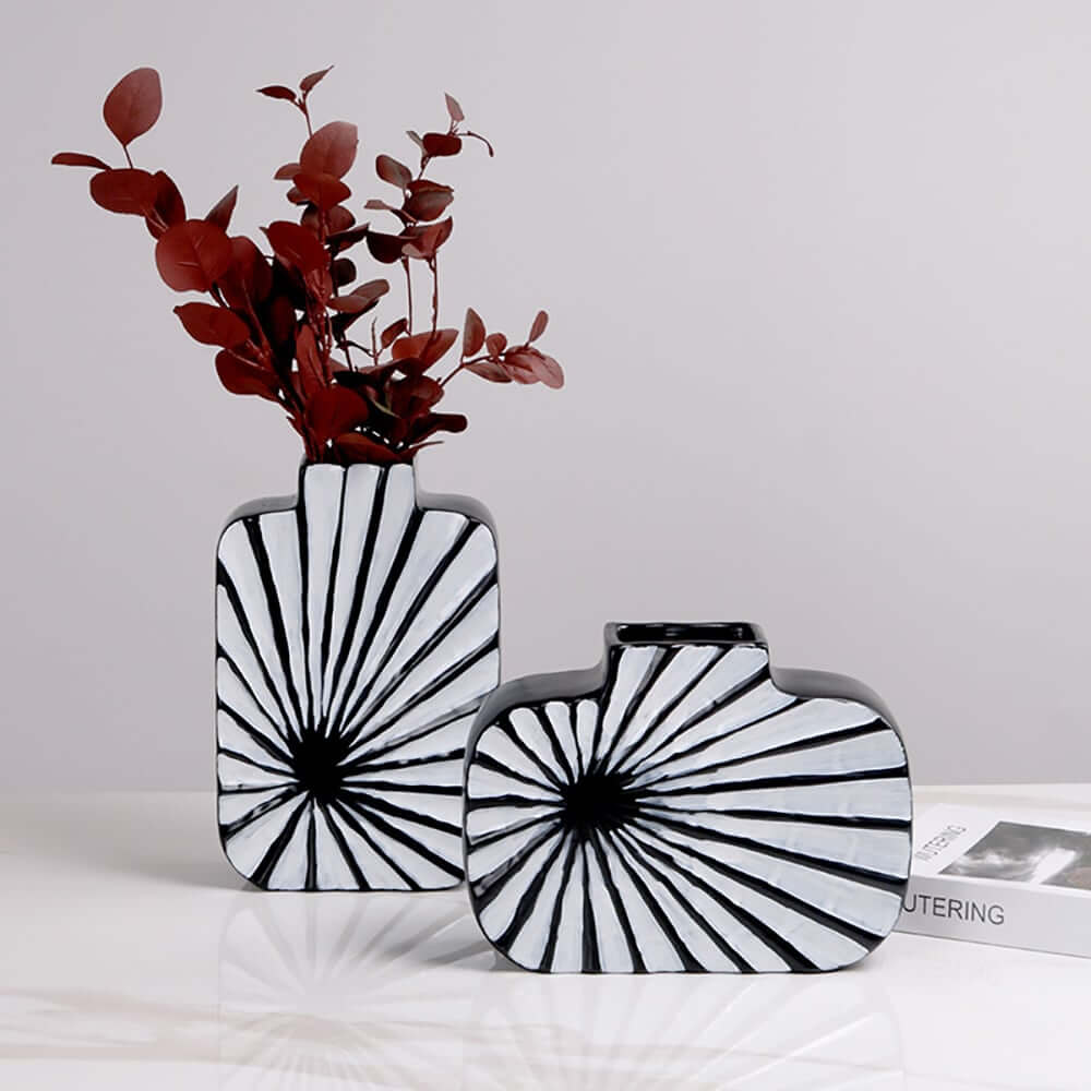 Modern Resin Vase Set with Abstract Black and White Stripes