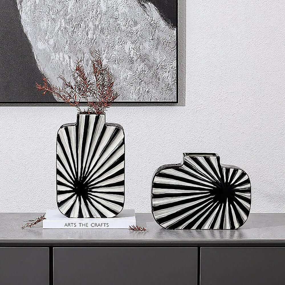 Modern Resin Vase Set with Abstract Black and White Stripes