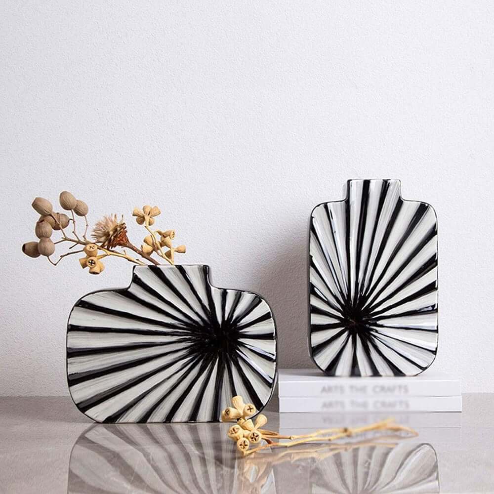 Modern Resin Vase Set with Abstract Black and White Stripes Main Product Image
