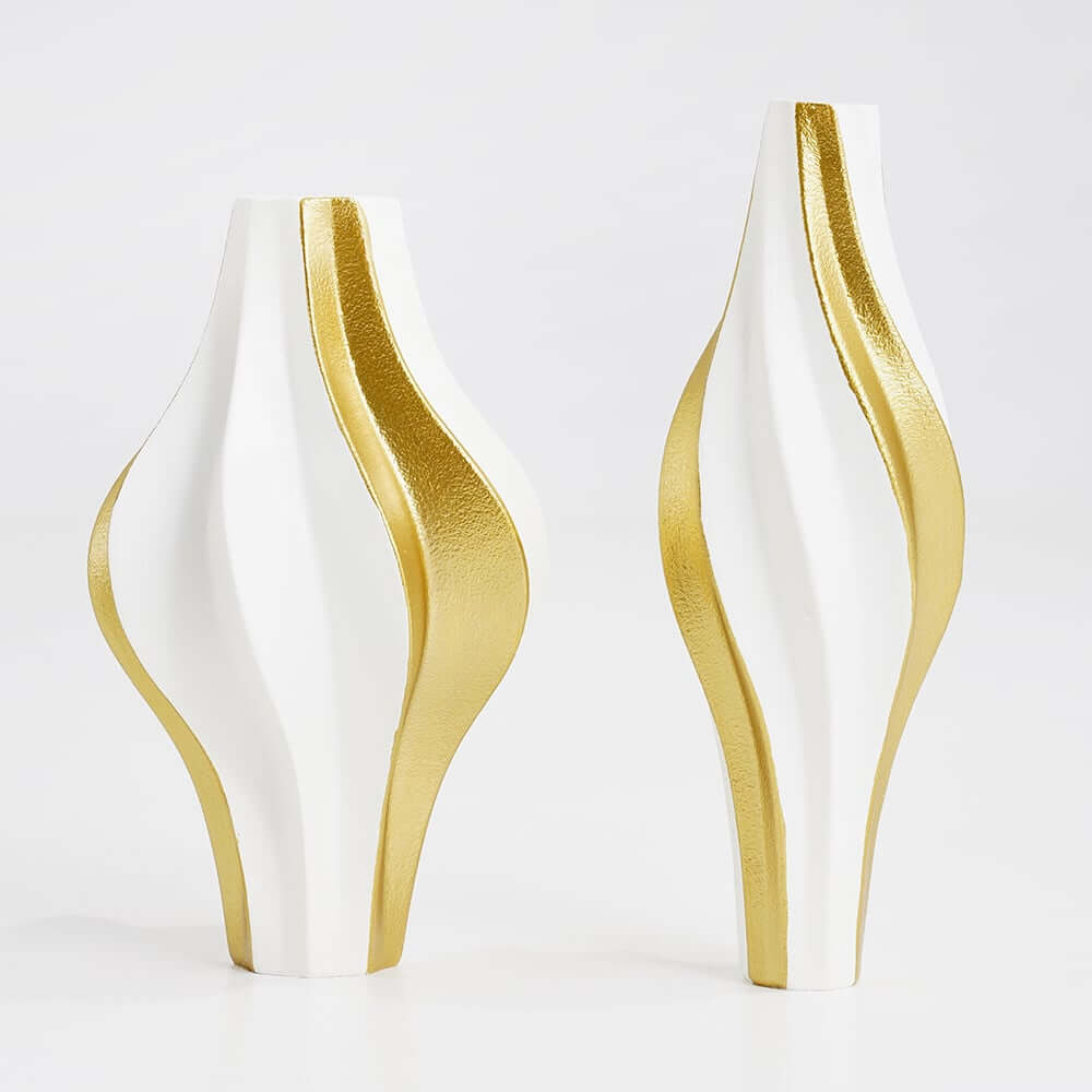 Modern Resin Vase Set with White and Gold Abstract Design